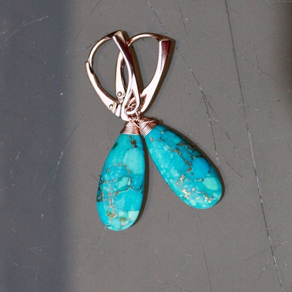 Natural Turquoise Earrings Handcrafted 14K Rose Gold Filled, December Birthstone - Picture 2 of 5